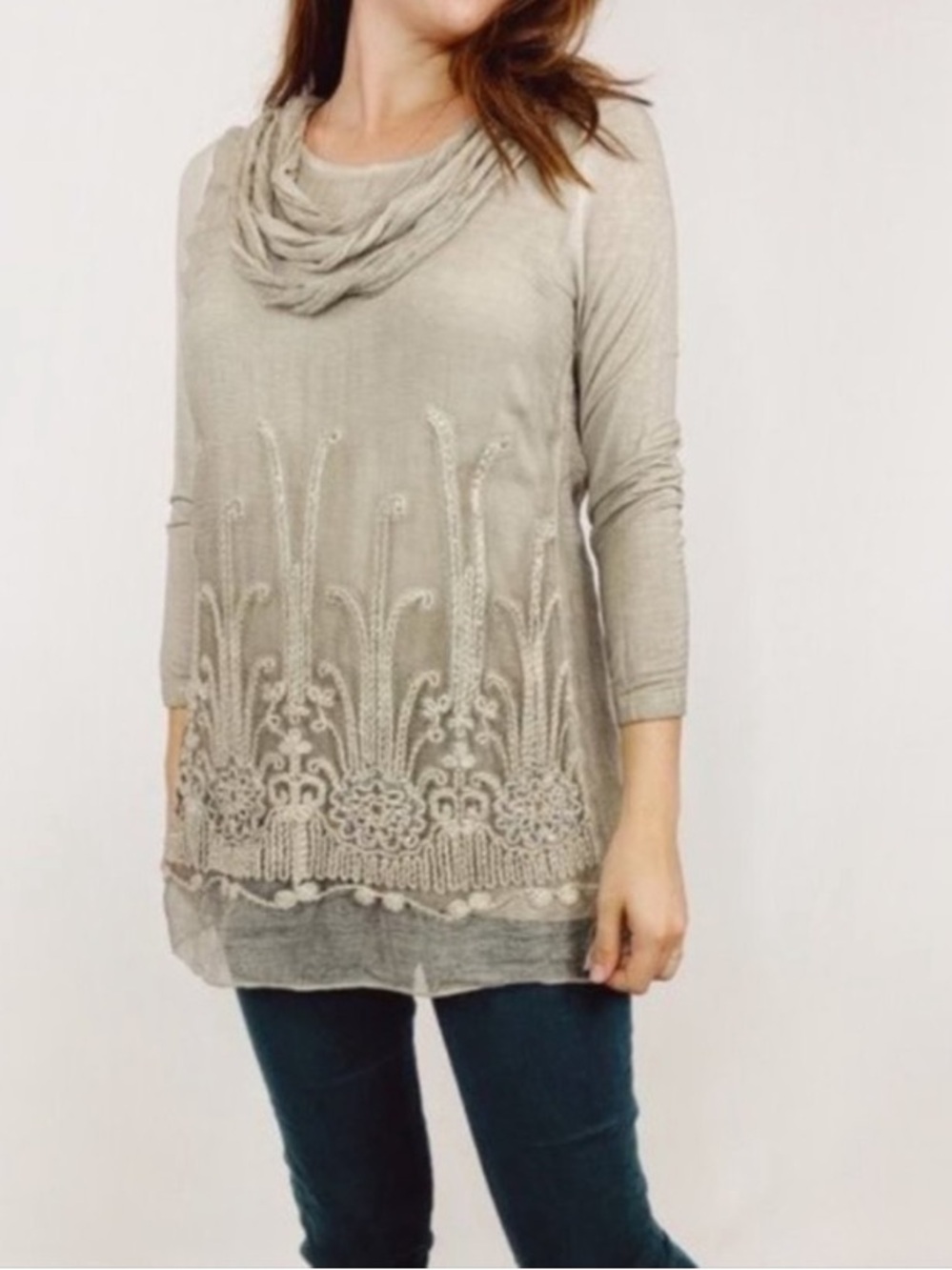 Soft Surroundings Taupe Embroidered Cowl-Neck Tunic Sweater